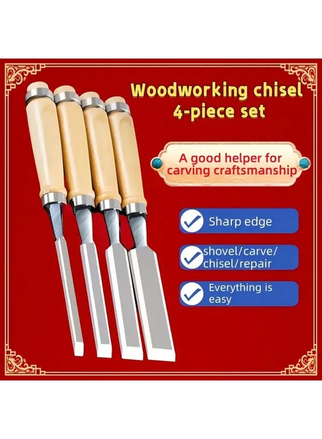 Woodworking Chisel Set 4pcs Wooden Handles Beveled Carving Tools For Sculpture - Image 2